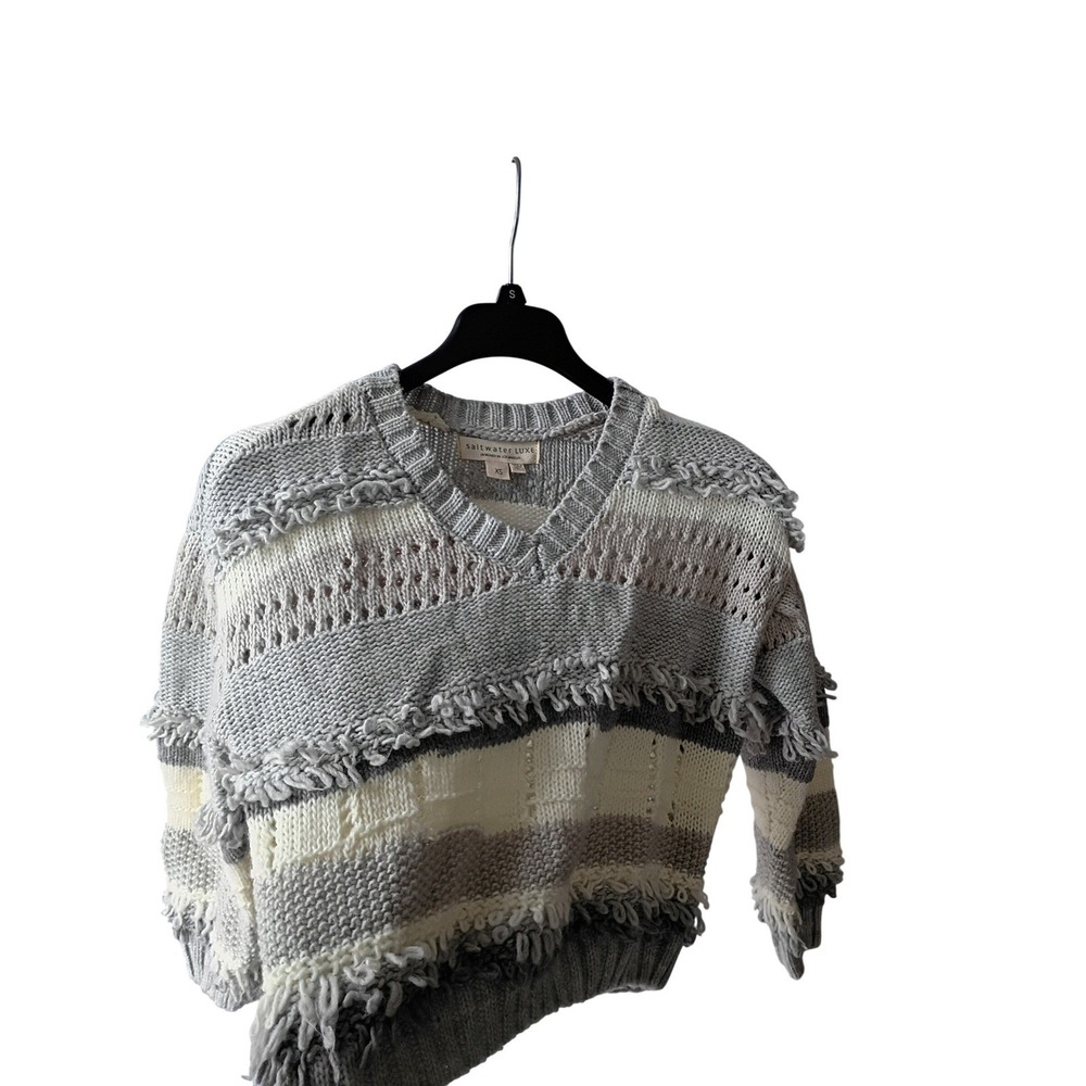 Saltwater Luxe Grey Ivory Striped Fringe VNeck Chunky Pointelle Knit Sweater S/M